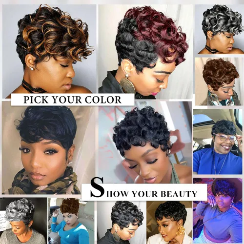 Vista 7 de MOONSHOW - Pelucas cortas de corte Pixie para mujeres negras, peluca de corte Pixie marrón Short Pixie Wigs for Black Women Natural Layered Short