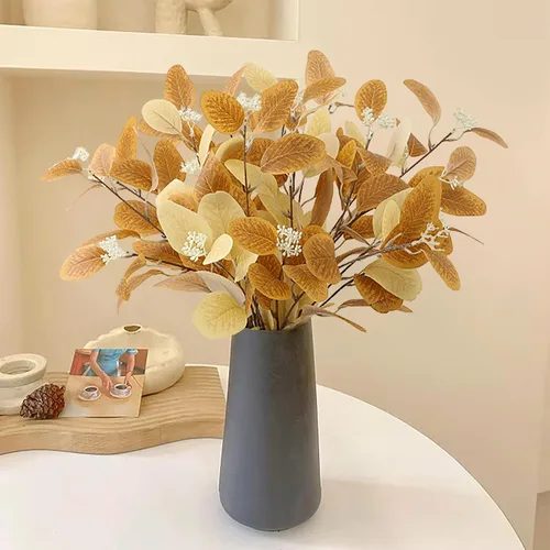Vista 5 de Emivery Tallos de hojas de eucalipto de otoño, 6 tallos artificiales de follaje de otoño, ramas de eucalipto sintético naranja, decoraciones
