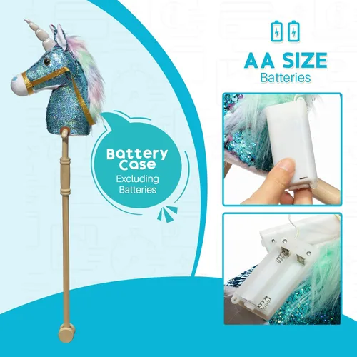 Vista 7 de HollyHOME Caballo de unicornio con lentejuelas, caballo de juguete artesanal con palo y ruedas de madera, sonidos reales de relincho y galope de Azul