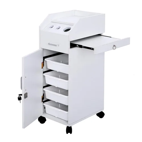 Vista 10 de Winado Carrito de almacenamiento de peluquería con ruedas y 3 soportes para secador de pelo, 4 cajones y cerradura y 2 llaves, estación de Negro
