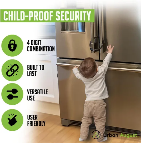 Vista 3 de Urban August Cerradura de refrigerador para niños y adultos, cerradura de refrigerador de 4 dígitos para refrigeradores de puerta francesa