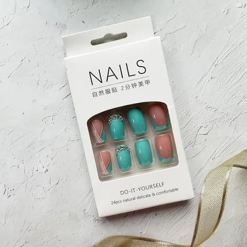 Vista 2 de Uñas postizas cuadradas medianas con punta francesa, uñas con pegamento, uñas postizas azul-verde con diseños de mariposas, uñas acrílicas