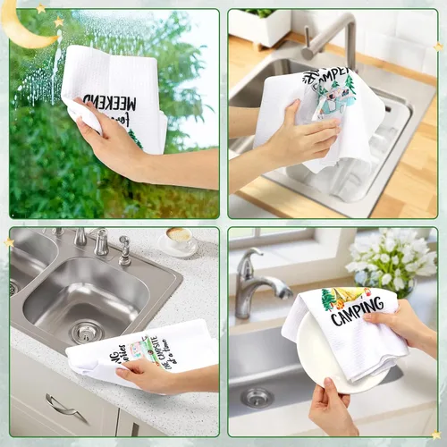 Vista 5 de Vansolinne Juego de 4 toallas de cocina para camping, juego de toallas de mano de cocina blancas impresas con frases divertidas, regalos novedosos