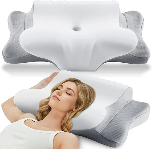 Vista 9 de Almohada cervical de espuma viscoelástica para cuello y hombros, almohada cervical de contorno ergonómico para dormir con 2 alturas, almohadas