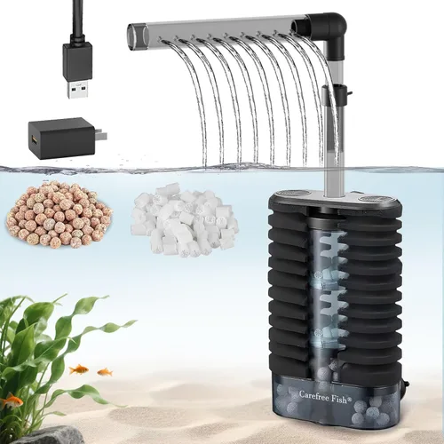 Vista 8 de Carefree Fish Filtro de esponja pequeña para acuario para tanque de peces de 3 ~ 15 galones silencioso para agua salada y agua dulce con bolas