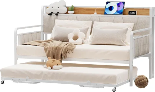 Vista 10 de Sofá cama individual con nido, moderno sofá cama individual, marco de cama de metal resistente con cabecera tapizada para sala de estar, dormitorio