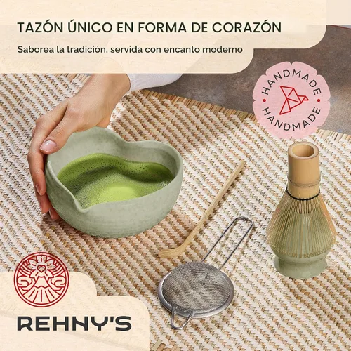 Vista 2 de Rehny's Juego de batidor Matcha Juego completo de matcha verde con cuenco en forma de corazón, batidor de bambú, soporte, tamiz de acero