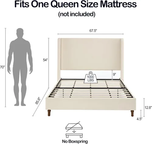 Vista 2 de Base de cama tapizada tamaño Queen, cabecera acolchada de 54" con respaldo geométrico, plataforma tapizada para dormitorio de niños, adolescentes