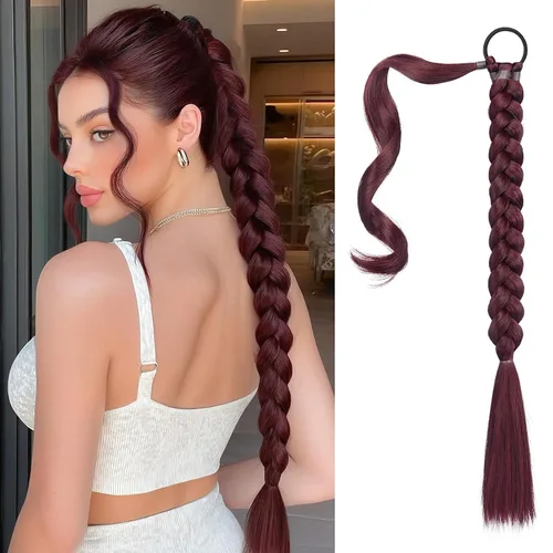 Vista 12 de SOFEIYAN Extensión de cola de caballo trenzada larga con banda elástica y mechón liso envolvente, extensiones de cabello naturales suaves