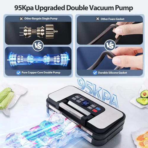Vista 3 de Potente máquina selladora al vacío de 95 Kpa para alimentos y bolsas selladoras al vacío, 6 paquetes de 3 rollos de 11 pulgadas x 20 pies y 3 rollos