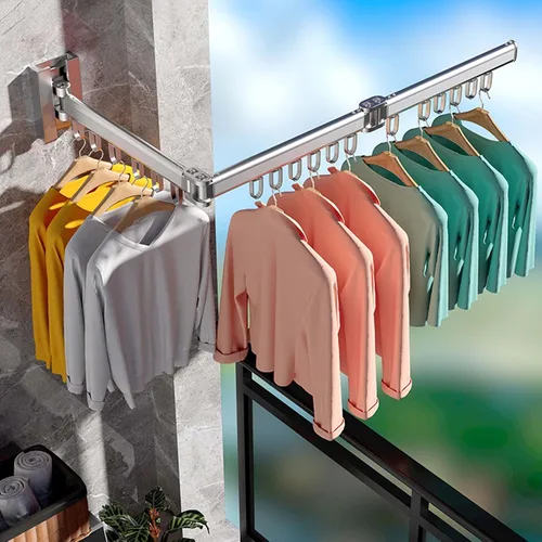 Vista 3 de YSUEFIJO Perchero de ropa montado en la pared, estante retráctil para secar ropa, estante plegable para colgar ropa, estante para ropa que ahorra