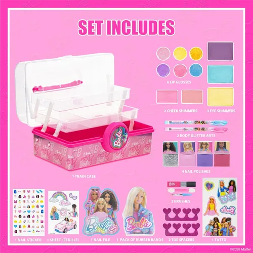 Vista 2 de Set de cosméticos Barbie para niñas, incluye maquillaje de uñas, labios, ojos y mejillas, juego de belleza seguro y no tóxico de Townley Girl