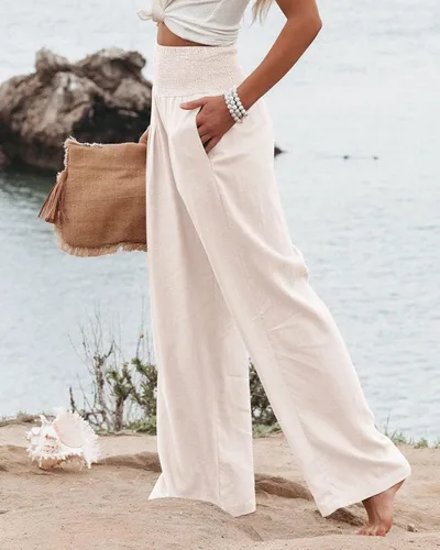 Vista 2 de Pantalones de lino de algodón para mujer, elásticos, de cintura alta, palazzo, pantalones de playa sueltos con bolsillos
