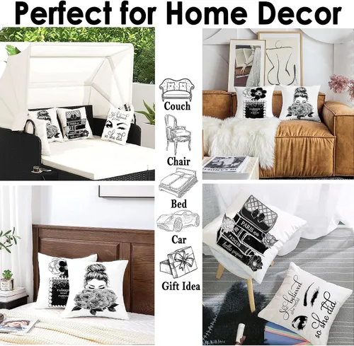 Vista 6 de Juego de 4 fundas de almohada decorativas para sofá cama de 18 x 18 pulgadas, fundas de almohada blancas y negras, fundas de almohada a la moda