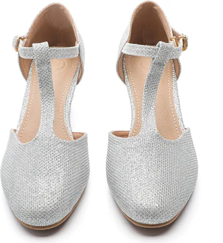 Vista 4 de DADAWEN Zapatos de tacón bajo con hebilla en T y punta cerrada para mujer, para fiesta, boda, vestido de novia