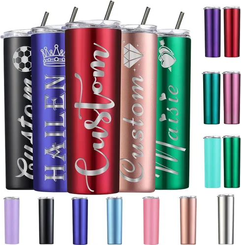Vista 18 de Vasos delgados personalizados con tapas y popotes, vaso grabado con láser personalizado con nombre para mujer, regalo de 20 onzas, taza de acero