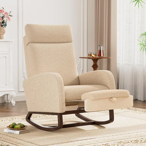 Vista 12 de Silla mecedora para guardería, balancín de respaldo alto con reposapiés, color beige Rocking Chair Nursery with Footrest Storage Pocket