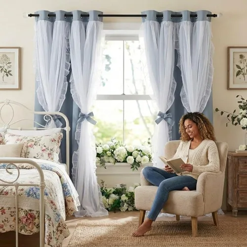Vista 41 de PONY DANCE Cortinas con Volantes de Doble Capa con Superposición Transparente, Decoración Elegante para Ventanas de Diseño Rústico Francés de Campo