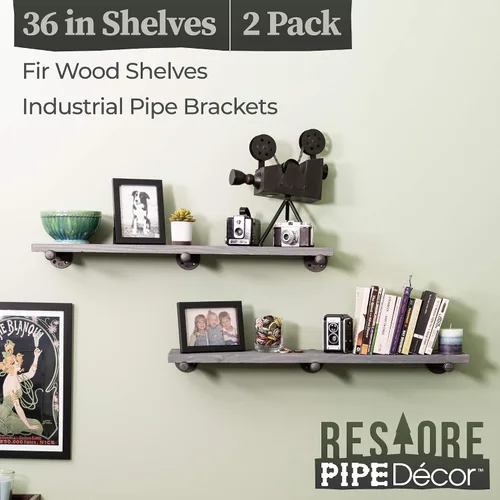 Vista 6 de Pipe DÉCOR - Estantería de madera de abeto Douglas de alta calidad, 36 pulgadas de largo, juego de 2 tablas y 6 soportes rectos, acabado gris