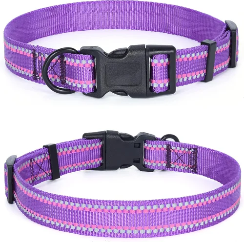 Vista 23 de Mile High Life - Collar para perro con rayas reflectantes 3M y correa de nailon, rojo, azul, verde, morado y rosa