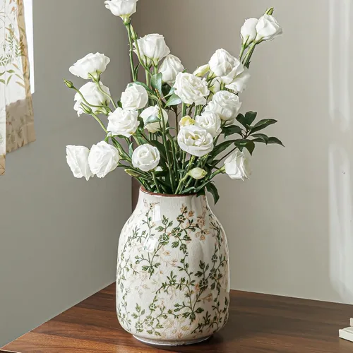 Vista 12 de Jarrón de cerámica verde y blanco con asa, florero rústico para decoración de hogar estilo “chinoiserie”, “grandmillenial” y toscano, jarrón