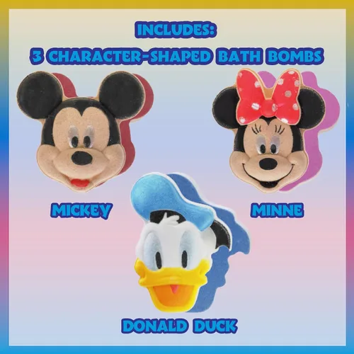 Vista 2 de Bombas de baño de Mickey, Minnie y Pato Donald para niños, colores brillantes de arcoíris, con aroma a bayas, para niños de 3 años en adelante