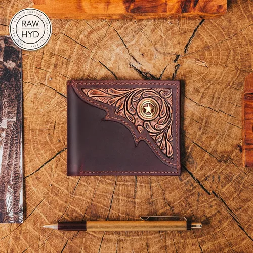 Vista 8 de RAW HYD Billeteras occidentales para hombre Cartera con bloqueo RFID Cartera occidental para hombre con concho Grano completo, carteras vaqueras