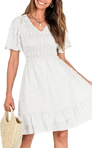 Vista 5 de BTFBM - Vestido de vacaciones en la playa para mujer, cuello en V, manga corta, fruncido, plumetí, casual, con volantes,vestidos cortos
