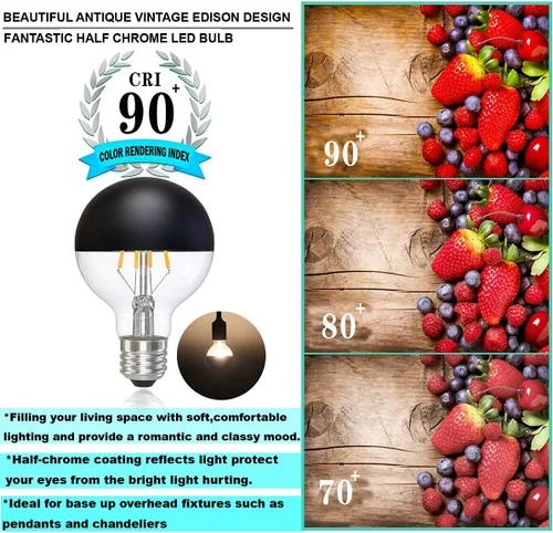 Vista 6 de Bombilla media cromada, regulable de 6 W (equivalente a 60 vatios), bombillas LED Edison G25/G80, mitad negra, forma de globo, 2700 K, blanco Negro