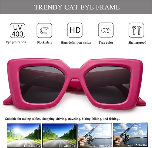 Vista 5 de HJSTES Gafas de sol de gran tamaño para mujer, sombras de ojo de gato de moda, marco cuadrado, protección UV