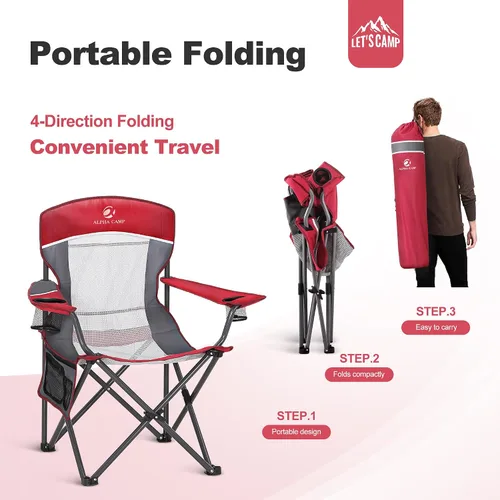 Vista 8 de LET'S CAMP Silla de campamento con respaldo de malla, portátil, plegable, resistente, soporte para exteriores, 330 libras, silla de brazo grande Rojo