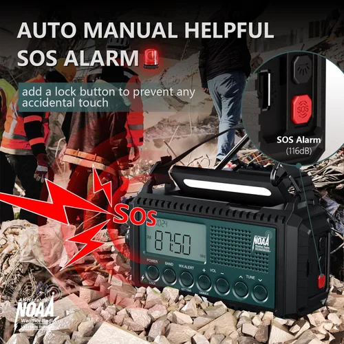 Vista 2 de AUTO NOAA Radio de emergencia de alerta, manivela solar portátil AM FM radio meteorológica de onda corta para supervivencia, radio a