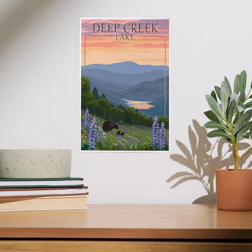 Vista 2 de Lantern Press Deep Creek Lake, Maryland, Almost Heaven, Bears and Spring Flowers, 8x12 Inch Art Print Wall Decor