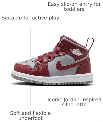 Vista 2 de Jordan Toddler Air Jordan 1 Mid Retro Basketball Shoes Cherrywood Red Cement Grey White Sneakers Cherrywood Rojo/Cemento Gris/Blanco