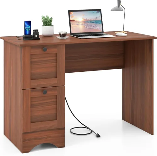 Vista 11 de Tangkula Escritorio para computadora con cajones y estación de carga, escritorio de madera para oficina en casa, escritorio para computadora Marrón