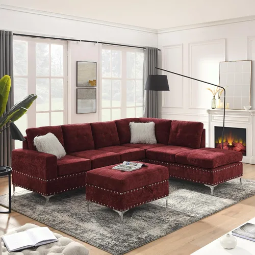 Vista 11 de DEINPPA Juegos de muebles de sala de estar, sofá modular reversible en forma de L, otomano de almacenamiento y portavasos, sofá tapizado