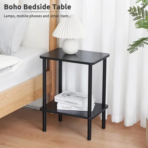 Vista 6 de Apicizon - Mesa auxiliar de 2 niveles, pequeña mesa auxiliar con patas de madera maciza, mesa de noche estilo boho con estante de almacenamiento