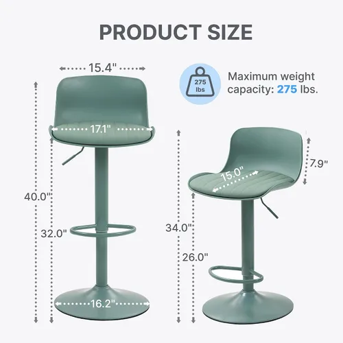 Vista 3 de Juego de 2 taburetes de bar modernos con giro de 360°, altura ajustable para isla de cocina y encimera, asientos tapizados de piel sintética verde