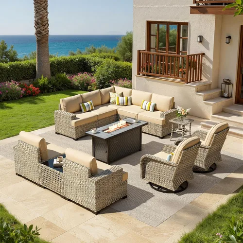 Vista 45 de HOOOWOOO Juego de muebles seccionales de patio con mesa de luz solar, 6 piezas de mimbre para exteriores, sofá en forma de L, juego de conversación
