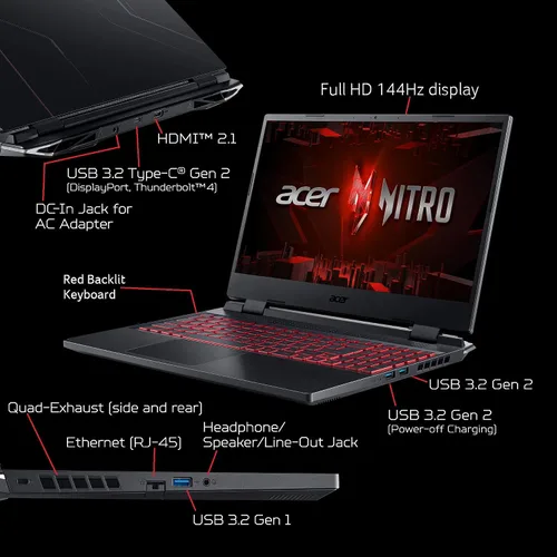 Vista 5 de Acer Nitro 5 AN515-58-525P Laptop para juegos Intel Core i5-12500H GPU NVIDIA GeForce RTX 3050 Laptop Pantalla IPS FHD de 15.6 pulgadas 144Hz