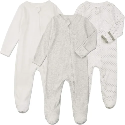 Vista 9 de Aablexema Pijama de bebé de algodón con puños de manopla, doble cremallera Azul/Gris/Rayas