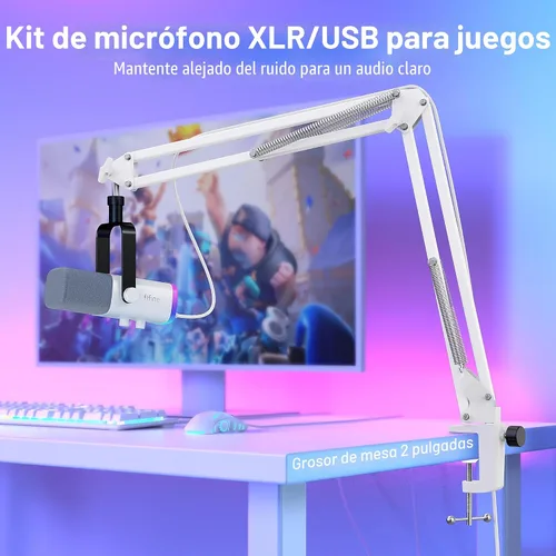 Vista 2 de FIFINE - Kit de micrófono para juegos XLR/USB, set de micrófono dinámico para transmisión para PC, micrófono de computadora para grabación de Blanco
