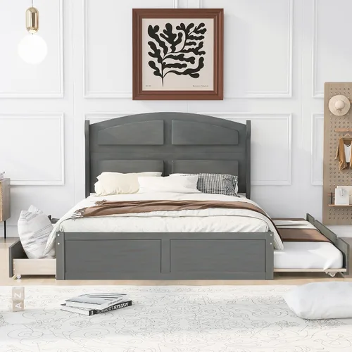 Vista 11 de Cama de plataforma de madera de tamaño individual con cabecera en forma de casa, soporte de listones de madera, para dormitorio de niños, niñas
