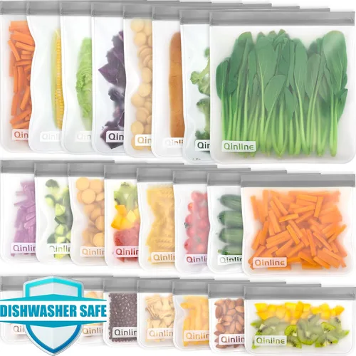 Vista 10 de Qinline Bolsas reutilizables para guardar alimentos - paquete de 24 bolsas aptas para lavavajillas, bolsas reutilizables libres de BPA