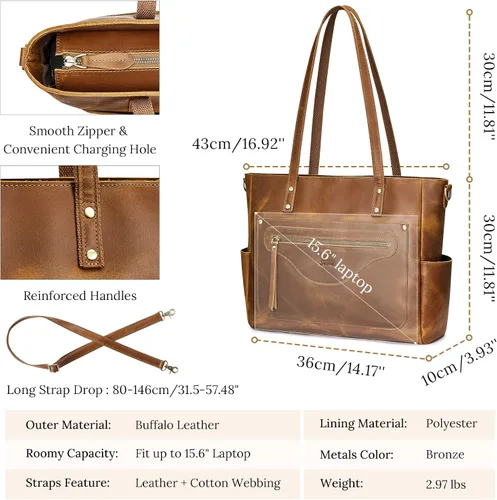 Vista 4 de S-ZONE Bolso de mano de cuero genuino para mujer, bolso de hombro grande, bolso de trabajo cruzado vintage