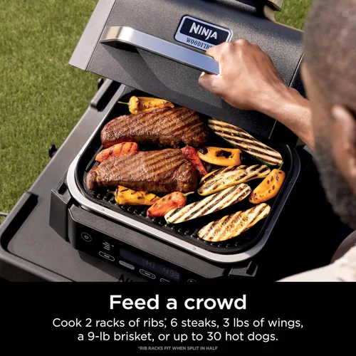 Vista 7 de Parrilla y ahumador Ninja Woodfire para exteriores, funcionalidad 4 en 1, parrilla, ahumado, horneado, asado, sabores auténticos de fuego de leña