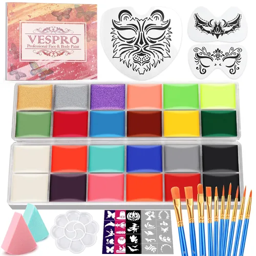 Vista 7 de VESPRO Kit de pintura facial para fiesta de adultos, 32 colores de aceite profesional para cara y cuerpo con 10 pinceles, 4 plantillas faciales