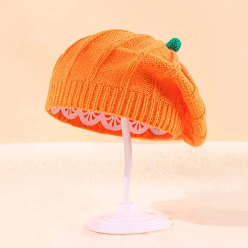 Vista 2 de Gorro de boina de punto de calabaza, gorro de felpa para niños pequeños, lindo gorro cálido de invierno para bebé, madre, adulto, Halloween