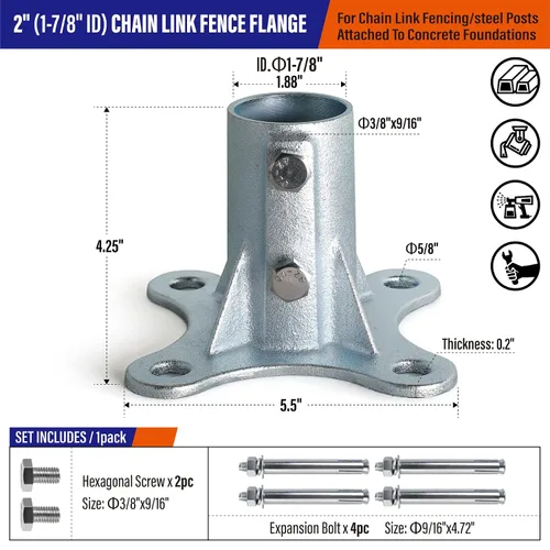 Vista 2 de 2Pack 2"(Actual: 1 7/8" DE) Soporte de base de poste de valla de eslabones de cadena con brida galvanizada