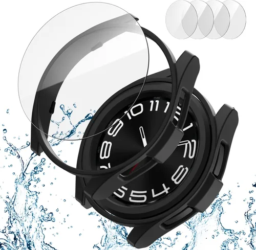 Vista 7 de Paquete de 2 + 4 fundas con protector de pantalla para Samsung Galaxy Watch 6 Classic de 1.693 in, JZK 2 Hard PC Bumper Case + 4 protectores